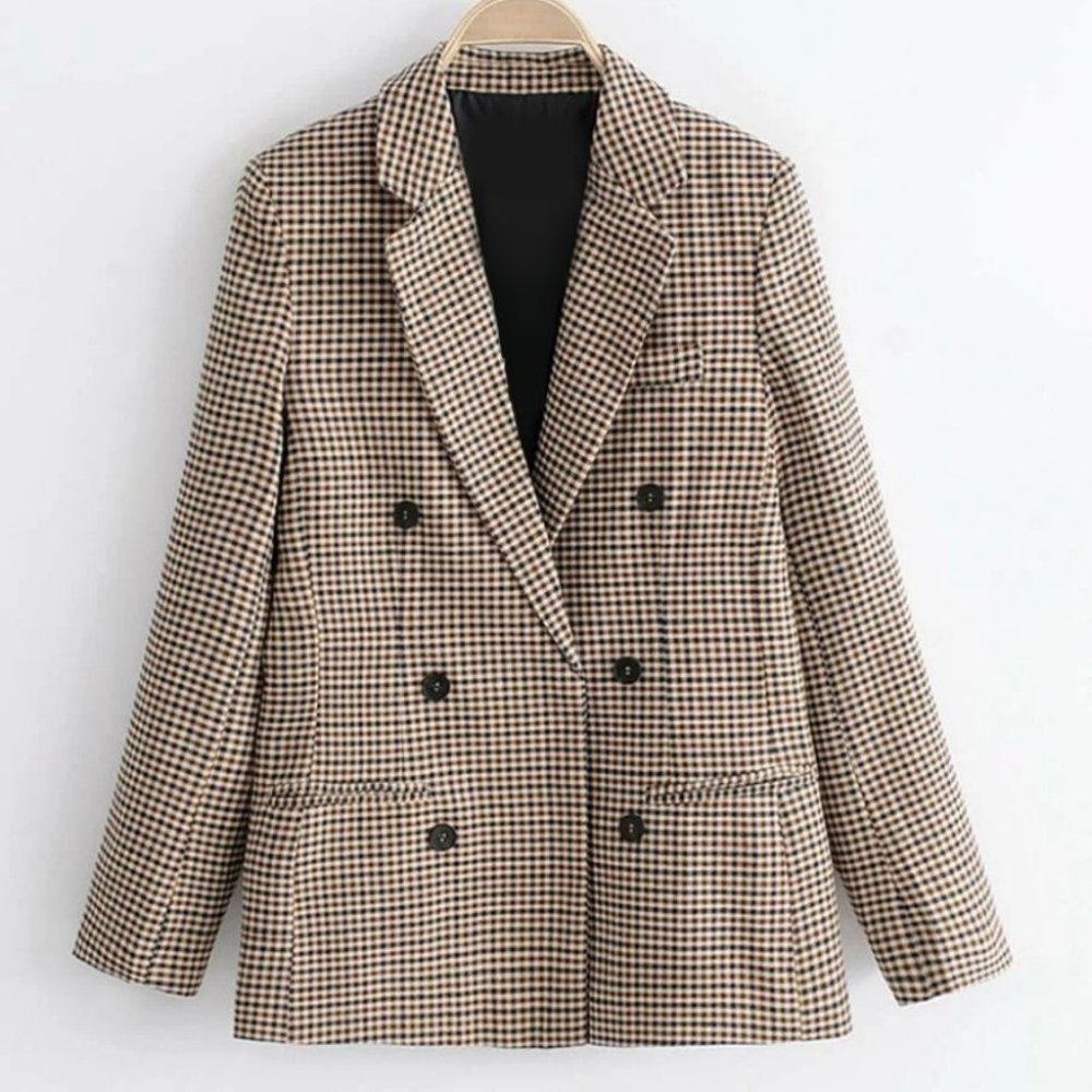 Plaid Print Double Breasted Lapel Collar Blazer work professional Business Chic - Picture 4 of 16
